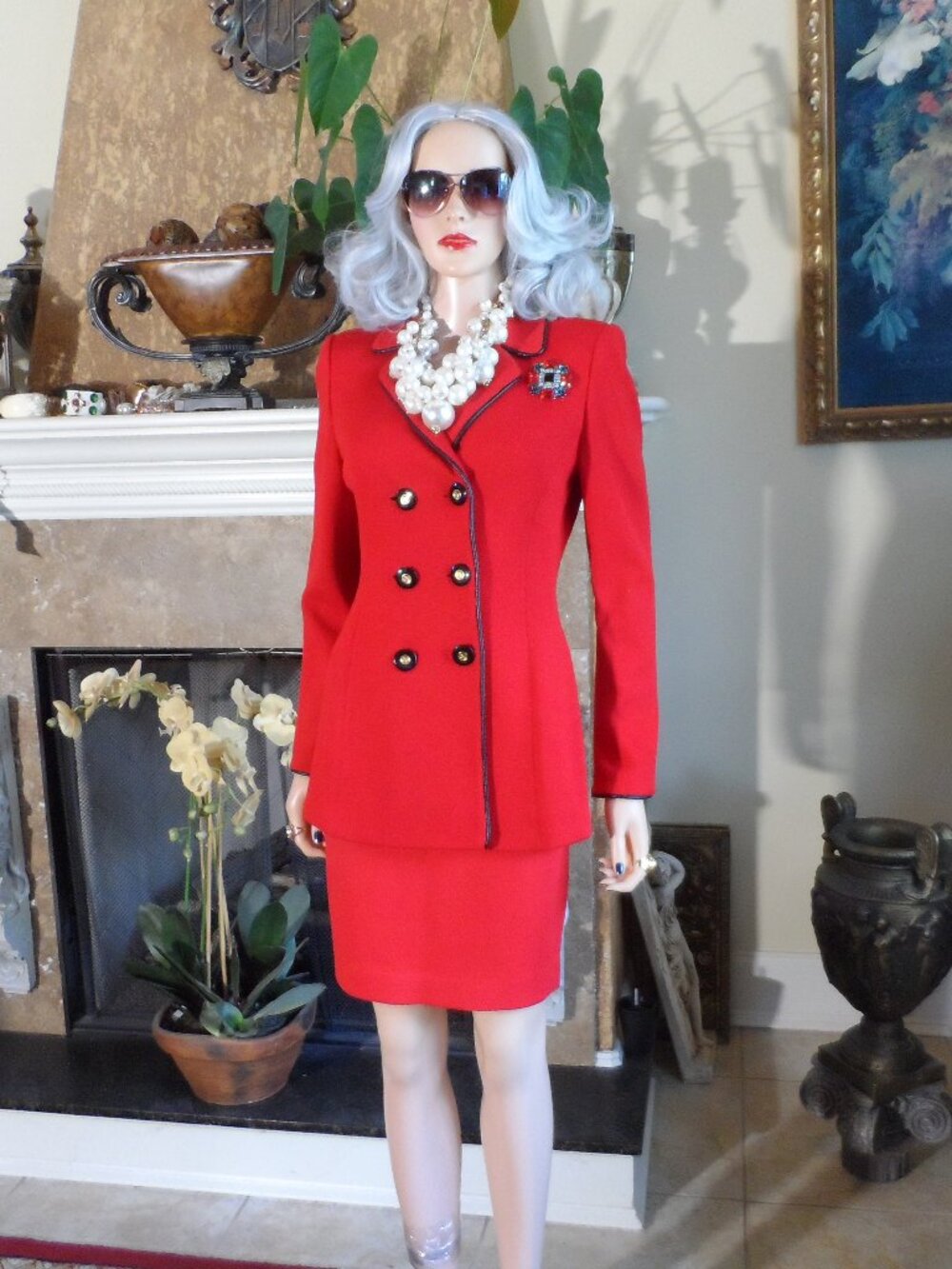 St. John Red Santana Knit Leather Trim Double Breasted Skirt Suit Size 4
